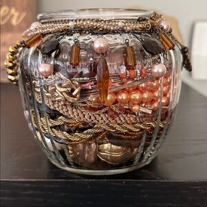 Beautiful Gold, Amber, Copper, Cream & Brown Color Accented Mystery Jewelry Jar.